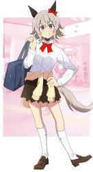 Rule 34 | 1girl, alternate costume, animal ears, bag, black skirt, bow, bowtie, brown footwear, closed mouth, clothes around waist, collared shirt, curren chan (umamusume), full body, grey hair, hand on own hip, hand up, highres, holding, holding bag, horse ears, horse girl, horse tail, kneehighs, loafers, long sleeves, looking at viewer, nel-c, pleated skirt, purple eyes, red bow, red bowtie, school bag, shirt, shoes, short hair, skirt, socks, solo, split mouth, standing, tail, tongue, tongue out, umamusume, white skirt, white socks