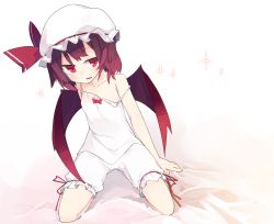 Rule 34 | 1girl, akimaki yuu, bat wings, bloomers, blush, camisole, chemise, full body, hat, hat ribbon, highres, kneeling, looking at viewer, mob cap, off shoulder, open mouth, purple hair, red eyes, remilia scarlet, ribbon, short hair, sleeveless, solo, sparkle, strap slip, touhou, underwear, white background, wings