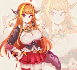 Rule 34 | 1girl, absurdres, ahoge, blonde hair, blunt bangs, bow, braid, breasts, cleavage, dragon girl, dragon horns, hairband, highres, hololive, horn bow, horn ornament, horns, kiryu coco, kiryu coco (1st costume), large breasts, long hair, looking at viewer, middle finger, mori calliope (artist), multicolored hair, orange hair, pleated skirt, pointy ears, purple eyes, red eyes, side braid, signature, skirt, smile, streaked hair, tail, tsurime, virtual youtuber, zoom layer