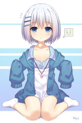 Rule 34 | &gt; &lt;, 1girl, :o, age regression, aged down, blue background, blue eyes, blue jacket, blue shirt, blush, closed eyes, closed mouth, collarbone, collared shirt, commentary request, date a live, dated, dress shirt, flying sweatdrops, full body, hair between eyes, hair ornament, hairclip, highres, jacket, long sleeves, neps-l, no shoes, open clothes, open jacket, parted lips, shirt, short hair, signature, silver hair, sitting, sleeves past fingers, sleeves past wrists, socks, solo, spoken expression, tobiichi origami, two-tone background, wariza, wavy mouth, white background, white socks
