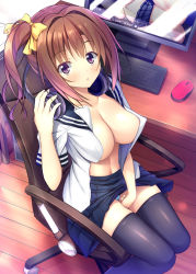 Rule 34 | 1girl, :o, aikawa tatsuki, black thighhighs, blue panties, blue skirt, blush, bow, breasts, brown hair, cameltoe, chair, cleavage, clothes lift, collarbone, commentary request, computer, covered erect nipples, hair bow, headphones, headphones removed, holding, holding headphones, indoors, keyboard (computer), knees together feet apart, large breasts, light censor, long hair, looking at viewer, monitor, mouse (computer), no bra, office chair, open clothes, open shirt, original, panties, parted lips, pleated skirt, purple eyes, school uniform, serafuku, shirt, short sleeves, side ponytail, sidelocks, sitting, skirt, skirt lift, solo, swivel chair, table, thighhighs, underwear, white shirt, wireless mouse, wooden floor, yellow bow