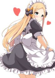 Rule 34 | 1girl, abigail williams (fate), absurdres, aikawa ryou, apron, black bow, blonde hair, blue eyes, blush, bow, commentary request, dress, fate/grand order, fate (series), from behind, hair bow, heart, highres, long hair, looking at viewer, maid, maid apron, maid headdress, orange bow, parted bangs, polka dot, polka dot bow, puffy short sleeves, puffy sleeves, short sleeves, simple background, solo, white apron, white background, white bow, wrist cuffs