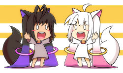 Rule 34 | 10s, :d, ahoge, androgynous, animal ears, black hair, blush stickers, cat ears, cat tail, chibi, dark persona, dress, gender request, gradient hair, grey dress, kyubey, mahou shoujo madoka magica, mahou shoujo madoka magica (anime), multicolored hair, multiple persona, o o, open mouth, outstretched arms, personification, smile, tail, tanashi (mk2), white dress, white hair