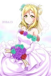 Rule 34 | 1girl, aqua rose, bare shoulders, blonde hair, blush, bouquet, braid, bridal veil, commentary request, crown braid, dated, detached sleeves, dress, flower, hair flower, hair ornament, hair rings, highres, holding, holding bouquet, jewelry, long sleeves, looking at viewer, love live!, love live! school idol festival, love live! sunshine!!, medium hair, necklace, ohara mari, purple flower, purple rose, red flower, red rose, rose, smile, solo, strapless, strapless dress, veil, wedding dress, white background, yellow eyes, yopparai oni