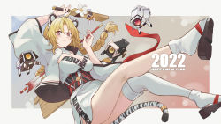 Rule 34 | 1girl, 2020, absurdres, afa, animal ears, arrow (projectile), asymmetrical legwear, blonde hair, blush, braid, braided ponytail, breasts, chinese zodiac, closed mouth, commission, dinergate (girls&#039; frontline), full body, geta, girls&#039; frontline, happy new year, highres, holding, holding arrow, japanese clothes, legs, long hair, looking at viewer, medium breasts, new year, purple eyes, s-acr (girls&#039; frontline), sandals, simple background, smile, socks, solo, tabi, tail, thighhighs, tiger ears, tiger tail, white socks, year of the tiger