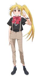 Rule 34 | 1girl, ahoge, arm at side, black footwear, black shirt, blonde hair, bocchi the rock!, bow, bowtie, brown pants, full body, grey socks, grin, hand up, highres, ijichi nijika, kessoku band logo, kessoku band t-shirt, long hair, looking at viewer, official art, open hand, pants, red bow, red bowtie, red eyes, shirt, shoes, short sleeves, side ponytail, sidelocks, simple background, smile, socks, solo, standing, suspenders, t-shirt, tachi-e, teeth, transparent background, very long hair, waving