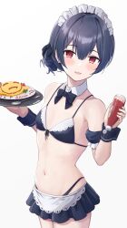 Rule 34 | 1girl, absurdres, arm garter, bare shoulders, bikini, black bow, black bowtie, blue hair, blush, bow, bowtie, dark blue hair, detached collar, flat chest, food, front-tie bikini top, front-tie top, hair bun, highres, holding, holding tray, idolmaster, idolmaster shiny colors, ketchup bottle, looking at viewer, maid, maid bikini, maid headdress, masuku (saint mask), microskirt, morino rinze, navel, omelet, omurice, red eyes, simple background, single side bun, skirt, smile, solo, stomach, swimsuit, tray, unconventional maid, white background, wrist cuffs