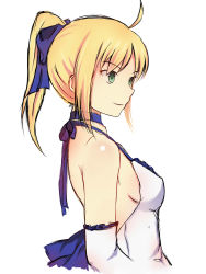 Rule 34 | absurdres, ahoge, artoria pendragon (all), artoria pendragon (fate), backless dress, backless outfit, bare back, bare shoulders, blonde hair, blue ribbon, breasts, cropped arms, cropped torso, dress, dyxm, elbow gloves, fate/stay night, fate (series), gloves, green eyes, hair ribbon, highres, medium breasts, ponytail, ribbon, saber (fate), saber (pure night dress) (fate), saber lily, sideboob, sketch, smile, solo, white background