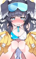 Rule 34 | 1girl, animal ears, bare shoulders, black hair, blue archive, blue eyes, blush, breasts, cheerleader, cleavage, dog ears, facial mark, goggles, goggles on head, halo, hibiki (blue archive), hibiki (cheer squad) (blue archive), highres, knees together feet apart, knees up, looking at viewer, medium breasts, millennium cheerleader outfit (blue archive), nose blush, parted lips, pom pom (cheerleading), simple background, skirt, solo, star (symbol), tosyeo, wavy mouth, white background, white skirt