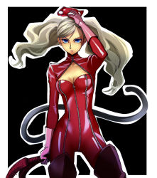 Rule 34 | 10s, 1girl, blue eyes, bodysuit, boots, border, breasts, cat mask, cleavage, cleavage cutout, clothing cutout, cowboy shot, closed eyes, gloves, highres, long hair, looking at viewer, mask, unworn mask, medium breasts, persona, persona 5, pink gloves, red bodysuit, red thighhighs, silver hair, solo, standing, tail, takamaki anne, thigh boots, thighhighs, twintails, whip, white border, yukigumo, zipper