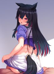 Rule 34 | 1girl, animal ears, arata, ass, back, bed sheet, black hair, black panties, blush, clothes lift, colored inner hair, crop top, from behind, genderswap, genderswap (mtf), highres, kemonomimi mode, lifted by self, looking at viewer, looking back, miniskirt, multicolored hair, on bed, panties, purple shirt, red eyes, red hair, ren (witch&#039;s weapon), sailor collar, school uniform, serafuku, shirt, short sleeves, sitting, skirt, skirt lift, solo, tail, tail censor, two-tone background, two-tone hair, underwear, white sailor collar, witch&#039;s weapon