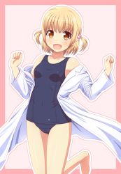Rule 34 | 10s, 1girl, :d, aiura, blonde hair, blush, breasts, brown eyes, collarbone, hair bobbles, hair ornament, highres, ki (kk-sk-ray), lab coat, looking at viewer, md5 mismatch, off shoulder, one-piece swimsuit, open mouth, outline, pink background, school swimsuit, short hair, small breasts, smile, solo, swimsuit, swimsuit under clothes, wakatsuki misuzu