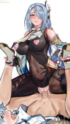 Rule 34 | 1boy, 1girl, amazon position, aunt and nephew, bare shoulders, black bodysuit, blue eyes, blue hair, blush, bodysuit, breast curtain, breast curtain lift, breasts, bug, censored, chongyun (genshin impact), clothing cutout, covered navel, earrings, erection, female pubic hair, genshin impact, girl on top, gloves, hair over one eye, highres, hip vent, holding, holding clothes, holding footwear, incest, jewelry, large breasts, light blue hair, long hair, misaka 12003-gou, mosaic censoring, nipple cutout, nipples, open mouth, partially fingerless gloves, penis, pubic hair, pussy, sex, shenhe (genshin impact), shoulder cutout, side cutout, silver hair, spread legs, stomach cutout, tassel, tassel earrings, thigh cutout