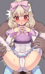 Rule 34 | 1boy, 1girl, :o, ^^^, armor, player character (mabinogi), blue nails, blush, bow, braid, breastplate, cameltoe, center frills, clothed female nude male, commentary request, commission, dark-skinned male, dark skin, dress, frilled dress, frills, grey background, hair bow, lace, lace-trimmed legwear, lace trim, large bow, leg grab, lifting person, light brown hair, mabinogi, male pubic hair, medium hair, nude, open mouth, panties, pink bow, pixiv commission, pubic hair, red eyes, reverse suspended congress, sex, sex from behind, simple background, solo focus, spread legs, sweat, tama (tamatamo), thighhighs, trembling, twin braids, underwear, white panties, white thighhighs, wide spread legs