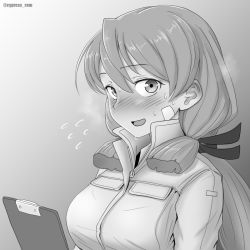 Rule 34 | 1girl, akashi (kancolle), alternate costume, blush, clipboard, commentary request, cypress, flying sweatdrops, gradient background, greyscale, hair ribbon, jumpsuit, kantai collection, long hair, looking at viewer, monochrome, nose blush, ribbon, solo, tress ribbon, twitter username