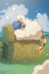 Rule 34 | absurdres, blue sky, cloud, creatures (company), game freak, gen 2 pokemon, grass, hay bale, highres, mareep, nintendo, no humans, nullma, open mouth, outdoors, pokemon, pokemon (creature), sheep, sitting, sky, solo