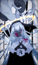 Rule 34 | 1girl, bone, colored extremities, colored skin, expressionless, fossil, goma irasuto, grey skin, halo, highres, horns, long hair, looking at viewer, multiple hands, nun, original, red eyes, red hands, signature, very long hair, white hair, white theme