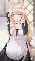 Rule 34 | 1girl, :q, absurdres, alternate costume, animal ear fluff, animal ears, apron, arknights, black dress, blemishine (arknights), blonde hair, blush, breasts, collar, collarbone, commentary, cowboy shot, dress, enmaided, frilled apron, frills, hair ribbon, halterneck, highres, horse ears, horse girl, horse tail, indoors, juliet sleeves, kei myoho, long hair, long sleeves, looking at viewer, maid, maid apron, medium breasts, puffy sleeves, red ribbon, ribbon, solo, standing, tail, thighhighs, tongue, tongue out, very long hair, white apron, white collar, white thighhighs, yellow eyes