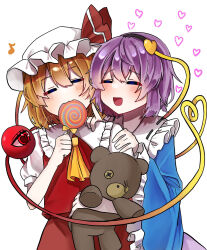 Rule 34 | 2girls, :3, :d, = =, ascot, black hairband, blonde hair, blue shirt, blush, candy, cheek poking, commentary, commission, cowboy shot, crossed bangs, double-parted bangs, flandre scarlet, food, frilled sleeves, frills, hair between eyes, hair ornament, hairband, hand on another&#039;s shoulder, hand up, happy, hat, hat ribbon, heads together, heart, heart-shaped pupils, heart hair ornament, heart of string, highres, holding, holding candy, holding food, holding lollipop, holding stuffed toy, hug, hug from behind, index finger raised, izumi no yasushi aya, komeiji satori, lollipop, long sleeves, lovestruck, mob cap, multiple girls, musical note, open mouth, poking, puffy short sleeves, puffy sleeves, purple hair, red ribbon, red skirt, red vest, ribbon, shirt, short hair, short sleeves, signature, simple background, skirt, smile, stuffed animal, stuffed toy, swirl lollipop, symbol-shaped pupils, teddy bear, third eye, touhou, vest, white background, white headwear, white shirt, wide sleeves, yellow ascot