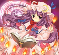 Rule 34 | 1girl, book, bow, crescent hat ornament, dodecagram, female focus, fire, hair bow, hanabana tsubomi, hat, hat ornament, magic circle, multiple hair bows, open book, patchouli knowledge, pink bow, pointing, purple background, purple eyes, purple hair, solo, touhou