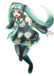 Rule 34 | 1girl, akiyasu, blush, breasts, detached sleeves, fingernails, green eyes, green hair, hatsune miku, headphones, long hair, looking at viewer, matching hair/eyes, necktie, open mouth, simple background, skirt, smile, solo, thighhighs, twintails, very long hair, vocaloid, white background