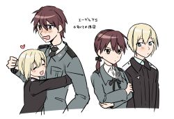 Rule 34 | 1boy, 2girls, :d, ^ ^, bad id, bad pixiv id, black jacket, black ribbon, blonde hair, blue eyes, blush, breasts, brown eyes, brown hair, closed eyes, closed mouth, collared jacket, collared shirt, cropped torso, erica hartmann, genderswap, genderswap (ftm), gertrud barkhorn, grey jacket, hair between eyes, hair ribbon, heart, highres, ichiren namiro, jacket, long hair, low twintails, military jacket, multiple girls, nose blush, open mouth, recursive genderswap, ribbon, shirt, simple background, small breasts, smile, strike witches, translation request, twintails, upper body, v-shaped eyebrows, wavy mouth, white background, white shirt, world witches series