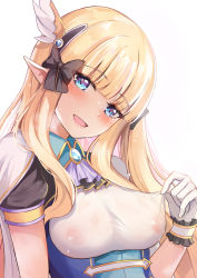 Rule 34 | 1girl, ascot, black bow, blonde hair, blue eyes, blunt bangs, blush, bow, breasts, brooch, commentary request, covered erect nipples, elf, gloves, hair bow, highres, jewelry, konka, large breasts, long hair, looking at viewer, open mouth, pointy ears, princess connect!, puffy short sleeves, puffy sleeves, saren (princess connect!), short sleeves, smile, solo, underbust, white gloves
