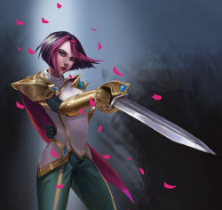 Rule 34 | 1girl, absurdres, arm behind back, armor, black background, black gloves, black hair, breasts, cape, commentary request, cowboy shot, fiora (league of legends), gloves, green background, green eyes, green pants, hand up, highres, holding, holding sword, holding weapon, lan xiezi, league of legends, multicolored hair, pants, parted lips, petals, pink cape, pink hair, rapier, shiny clothes, shirt, short hair, shoulder armor, solo, sword, weapon, white shirt