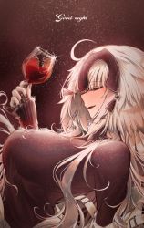 Rule 34 | 1girl, ahoge, alcohol, black sweater, breasts, closed eyes, cup, drinking glass, fate/grand order, fate (series), headpiece, highres, jeanne d&#039;arc (fate), jeanne d&#039;arc alter (avenger) (fate), jeanne d&#039;arc alter (fate), large breasts, long hair, long sleeves, open mouth, ru 251, silver hair, smile, sweater, very long hair, wine, wine glass