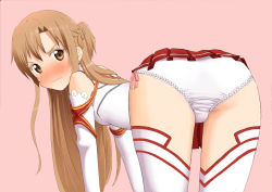 Rule 34 | 10s, 1girl, artist request, ass, asuna (sao), bare shoulders, bent over, blush, breasts, brown eyes, brown hair, elbow gloves, embarrassed, from behind, frown, gloves, half updo, highres, long hair, looking at viewer, panties, pink background, pleated skirt, sideboob, simple background, skirt, solo, sword art online, thighhighs, underwear, upskirt, wavy mouth, white panties