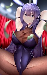 Rule 34 | 1girl, absurdly long hair, absurdres, animal ears, armband, armpit peek, arms behind head, azur lane, bare shoulders, black pantyhose, blue eyes, blue hair, blue leotard, blurry, blurry background, blush, breasts, brown pantyhose, cleavage, curtains, fake animal ears, gradient legwear, hair between eyes, hair ornament, highres, huge filesize, large breasts, leotard, long hair, looking at viewer, money, multicolored hair, new jersey (azur lane), new jersey (exhilarating steps!) (azur lane), official alternate costume, pantyhose, parted lips, playboy bunny, pole, purple hair, rabbit ears, samip, see-through, see-through cleavage, smile, solo, spread legs, squatting, strapless, strapless leotard, streaked hair, stripper pole, taut clothes, thighs, tucked money, two-tone hair, very long hair
