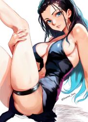 Rule 34 | 1girl, black dress, black hair, blue eyes, breasts, center opening, dress, hair pulled back, highres, large breasts, legs up, light smile, long hair, looking at viewer, mixed-language commentary, navel, nico robin, one piece, parted lips, pelvic curtain, sitting, sleeveless, sleeveless dress, solo, thigh strap, twitter username, vcais, white background