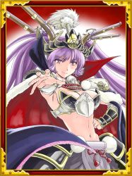 Rule 34 | 1girl, armor, breasts, cape, cleavage, faulds, floating hair, fur-trimmed cape, fur trim, highres, long hair, looking at viewer, medium breasts, midriff, navel, outstretched arm, purple eyes, purple hair, red cape, sengoku collection, smile, solo, standing, stomach, strapless, very long hair, yoshinaga masahiro