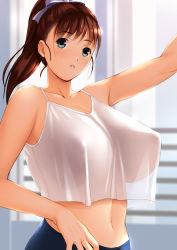 Rule 34 | 1girl, absurdres, arm up, blue eyes, blue pants, blurry, blurry background, blush, breasts, brown hair, camisole, cleavage, collarbone, covered erect nipples, crop top, crop top overhang, dragon@harry, hair ribbon, hair tie, highres, huge breasts, large breasts, long hair, looking at viewer, medium hair, midriff, nipples, no bra, original, pants, parted lips, ponytail, ribbon, see-through, shirt, solo, upper body, white shirt