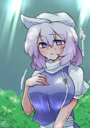 Rule 34 | 1girl, breasts, commentary, highres, lapel pin, large breasts, letty whiterock, light purple hair, light rays, looking at viewer, outdoors, parted lips, purple eyes, scavia10, short sleeves, solo, sweat, touhou, upper body, white headwear