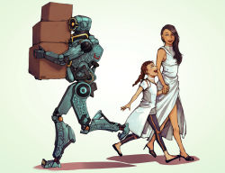 Rule 34 | 2girls, alanza andrade, animification, apex legends, black footwear, box, braid, brown hair, child, choker, dress, earrings, flat chest, hair behind ear, high heels, highres, holding, holding box, holding hands, humanoid robot, jewelry, leggings, loba (apex legends), long hair, mother and daughter, multiple girls, one-eyed, open hand, orange eyes, pathfinder (apex legends), robot, science fiction, shiba shiba, smile, twin braids, walking, white choker, white dress