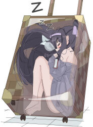 Rule 34 | 1girl, :3, ass, bags under eyes, bare back, bare shoulders, barefoot, black hair, blue archive, blush, book, closed eyes, feet, hairband, halterneck, high ponytail, highres, holding, holding book, in container, long hair, mek87265, nape, nose bubble, off shoulder, pillow, purple hairband, rolling suitcase, sleeping, solo, suitcase, sweater, ui (blue archive), ui (swimsuit) (blue archive), wheel, x-ray, zzz