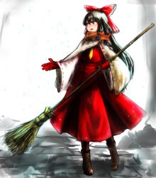 Rule 34 | 1girl, black hair, blush, boots, bow, brick floor, broom, brown footwear, commentary request, flat chest, frilled bow, frilled hair tubes, frills, full body, gloves, hair bow, hair tubes, hakurei reimu, holding, holding broom, long hair, looking afar, mogukk, necktie, open mouth, orange scarf, red bow, red eyes, red gloves, red shirt, red skirt, ribbon-trimmed sleeves, ribbon trim, scarf, shirt, sidelocks, skirt, skirt set, smile, solo, touhou, white sleeves, wide sleeves, yellow necktie