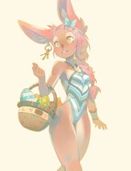 Rule 34 | 1girl, animal ears, basket, blue one-piece swimsuit, braid, breasts, commentary, earrings, easter, easter egg, egg, english commentary, furry, furry female, green eyes, hair ornament, hair over shoulder, hairclip, highleg, highleg swimsuit, highres, jewelry, long braid, one-piece swimsuit, original, pink hair, pinup (style), rabbit ears, rabbit tail, sideboob, single braid, small breasts, solo, swimsuit, tail, xaxaxa