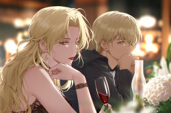 Rule 34 | 1boy, 1girl, alcohol, amuro tooru, aqua eyes, bare shoulders, black jacket, blonde hair, blue eyes, cup, detached sleeves, drinking glass, earrings, elbow rest, eyeshadow, flower, fluorescent lamp, formal, from side, green eyes, green nails, hair behind ear, half updo, hand up, head rest, holding, holding cup, jacket, jewelry, lace, lipstick, long hair, long sleeves, looking at viewer, makeup, meitantei conan, nail polish, parted bangs, parted lips, profile, red lips, short hair, side-by-side, sideways glance, sleeveless, uneechip, upper body, vermouth (meitantei conan), white flower, wine