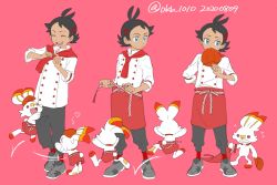 Rule 34 | 1boy, antenna hair, arms behind back, black footwear, black hair, black pants, blue eyes, chef, clenched teeth, cosplay, creatures (company), dark skin, closed eyes, game freak, gen 8 pokemon, goh (pokemon), hat, heart, highres, jumping, leah (pokemon), leah (pokemon) (cosplay), looking to the side, maroon background, nintendo, open mouth, pants, pokemon, pokemon (anime), pokemon cafe remix, pokemon journeys, red headwear, red legwear, scorbunny, sequential, shirt, shoes, sleeves rolled up, smile, socks, standing, teeth, twitter username, upper teeth only, white shirt