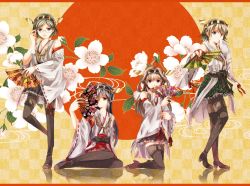 Rule 34 | 10s, 4girls, ahoge, bare shoulders, black hair, black legwear, boots, brown hair, detached sleeves, hand fan, flower, folding fan, glasses, hairband, haruna (kancolle), headgear, hiei (kancolle), iroha (shiki), japanese clothes, kantai collection, kirishima (kancolle), kongou (kancolle), long hair, multiple girls, nontraditional miko, pantyhose, personification, red sun, reflection, ribbon-trimmed sleeves, ribbon trim, short hair, smile, thigh boots, thighhighs