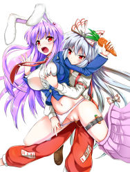 Rule 34 | &gt;:), 2girls, :&gt;, animal ears, blush, bow, bow panties, grabbing another&#039;s breast, breasts, carrot, censored, cleavage, clitoris, clothes pull, clothing aside, covered erect nipples, d:, egg vibrator, fujiwara no mokou, grabbing, groping, hair bow, highres, hip focus, huge breasts, impossible clothes, impossible shirt, kojima saya, large breasts, light purple hair, loafers, long hair, miniskirt, mosaic censoring, multiple girls, navel, necktie, no pants, nose blush, open mouth, panties, panties aside, pleated skirt, purple hair, pussy, rabbit ears, red eyes, red necktie, reisen udongein inaba, sex toy, shirt, shoes, silver hair, skirt, skirt pull, sky, smile, straight hair, touhou, underwear, undressing, v-shaped eyebrows, very long hair, vibrator, white background, white panties, yuri