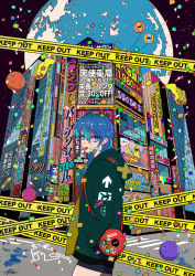 Rule 34 | 1girl, bag, balloon, bandaid, blood, blood on face, blood splatter, blue blood, blue eyes, blue hair, building, caution tape, city, colored blood, confetti, eyeball, giant hand, green hoodie, handbag, hands in pockets, highres, hood, hoodie, keep out, long hair, looking at viewer, magatan, night, night sky, original, pill, planet, sign, sky, solo, star (symbol), tongue, tongue out