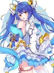 Rule 34 | 1girl, absurdres, ahoge, amamiya kokoro, bare shoulders, bell, blue hair, blue ribbon, breasts, brown eyes, cleavage, cleavage cutout, clothing cutout, commentary request, detached sleeves, dress, fang, gradient hair, hair bell, hair between eyes, hair ornament, hair ribbon, hairclip, highres, jingle bell, long hair, long sleeves, looking at viewer, multicolored hair, nijisanji, open mouth, racchi., ribbon, single thighhigh, skirt hold, sleeves past wrists, small breasts, solo, thighhighs, twintails, very long hair, virtual youtuber, white background, white dress, white ribbon, white sleeves, white thighhighs, wide sleeves, x hair ornament, yellow ribbon