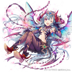 Rule 34 | 1girl, armpits, bare shoulders, beads, black pantyhose, blue hair, blush, breasts, company name, demon girl, elbow gloves, eyebrows, fang, gloves, glowing, headpiece, horns, jewelry, long hair, looking at viewer, madogawa, navel, necklace, official art, one eye closed, original, pantyhose, pleated skirt, purple eyes, shoes, simple background, skirt, small breasts, solo, tower of dragon, very long hair, white background, wings