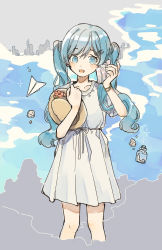 Rule 34 | 1girl, absurdres, blue eyes, blue hair, blush, bottle, brown hat, collarbone, commentary, cropped legs, dress, english commentary, feet out of frame, flower, grey background, hands up, hat, hat flower, hatsune miku, highres, holding, holding clothes, holding hat, holding shell, long hair, looking at viewer, ocean, open mouth, paper airplane, perfume bottle, pink flower, pleated dress, seashell, shell, shell to ear, short sleeves, skyline, solo, twintails, unworn hat, unworn headwear, vocaloid, wandu mook, white dress
