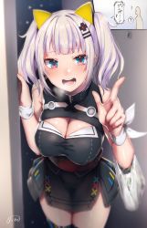 Rule 34 | 1girl, ?, animal ears, black dress, blue eyes, blurry, blush, breasts, breath, cleavage, commentary request, cowboy shot, depth of field, dress, hair ornament, hairclip, hands up, highres, index finger raised, kaguya luna, large breasts, leaning forward, legs together, looking at viewer, multicolored eyes, open mouth, pink eyes, purple hair, sakiryo kanna, sash, signature, solo focus, spoken question mark, standing, the moon studio, thighhighs, translation request, twintails, virtual youtuber, wristband