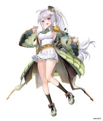 1girl :d ahoge ascot black_socks bow breasts brown_bow character_request collared_shirt commentary_request copyright_request dohyo123123 dot_nose footwear_bow full_body green_ascot hair_ornament high_heels highres knees_together_feet_apart large_breasts light_blush long_hair long_sleeves looking_at_viewer midriff_peek miniskirt navel open_mouth pink_eyes platform_footwear pleated_skirt ponytail shirt sideboob simple_background skirt smile socks solo teeth upper_teeth_only very_long_hair white_background white_footwear white_hair white_shirt white_skirt