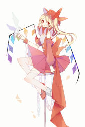 Rule 34 | 1girl, alternate costume, asymmetrical hair, benghuai 7, bird, blonde hair, bow, chain, crystal, detached sleeves, dress, flandre scarlet, full body, hat, hat bow, highres, long sleeves, looking at viewer, mob cap, open mouth, puffy sleeves, red dress, red eyes, ribbon, shoes, short sleeves, side ponytail, simple background, sitting, solo, touhou, wings, wrist cuffs